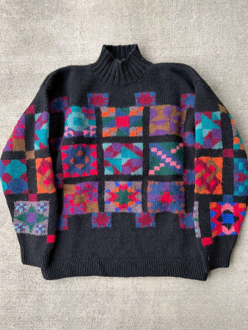 Vintage 90s LLbean 100% wool knit granny square boho sweater jumper top rainbow - Picture 3 of 7
